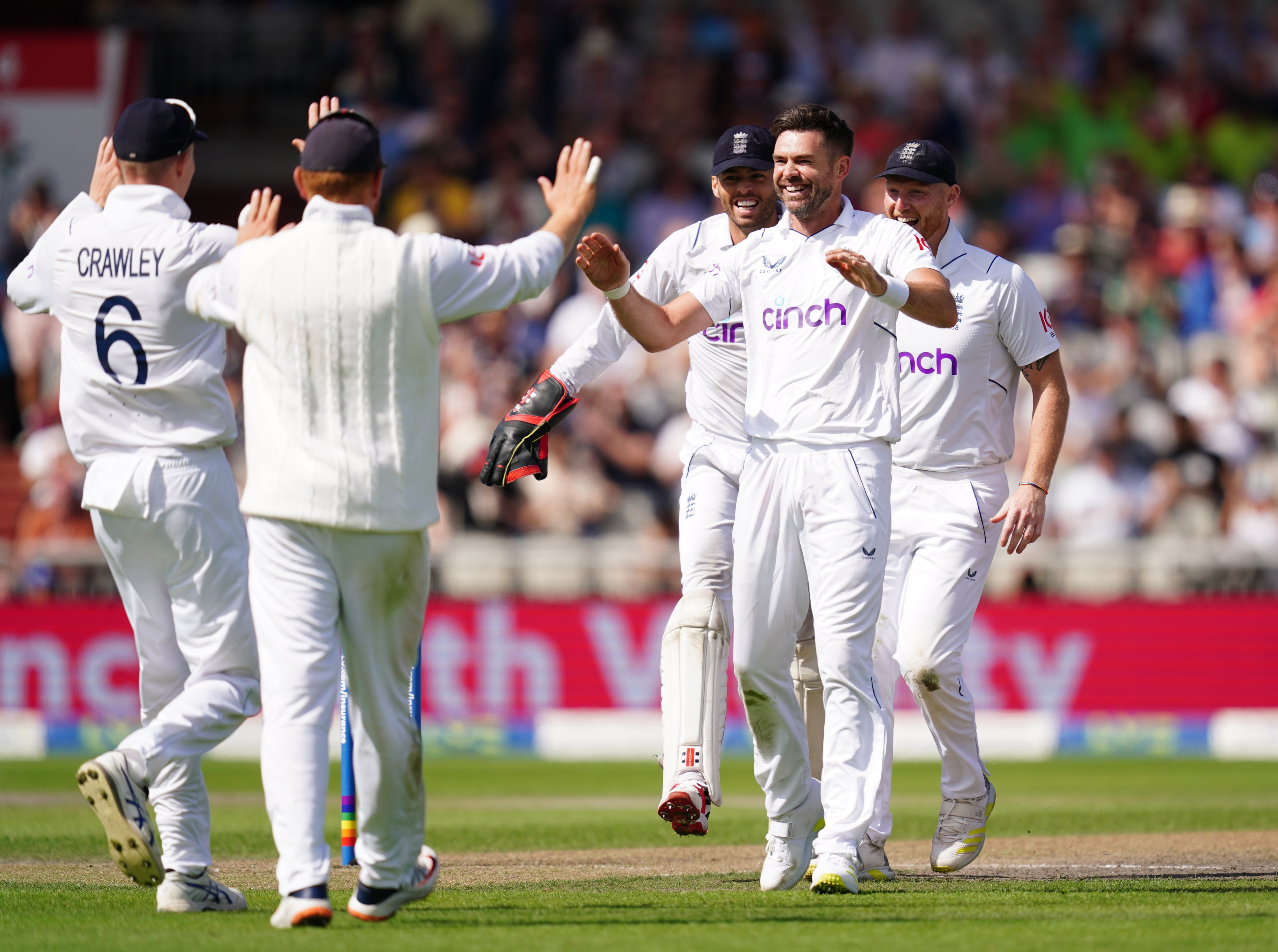 James Anderson, second right, struck twice in two balls after lunch (David Davies/PA)