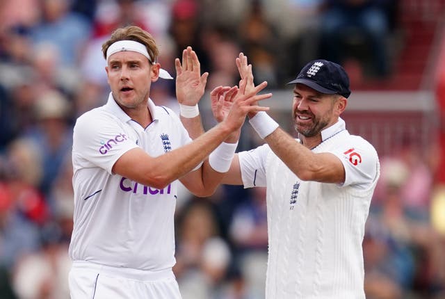 <p>Stuart Broad and James Anderson celebrate after England’s successful morning session </p>