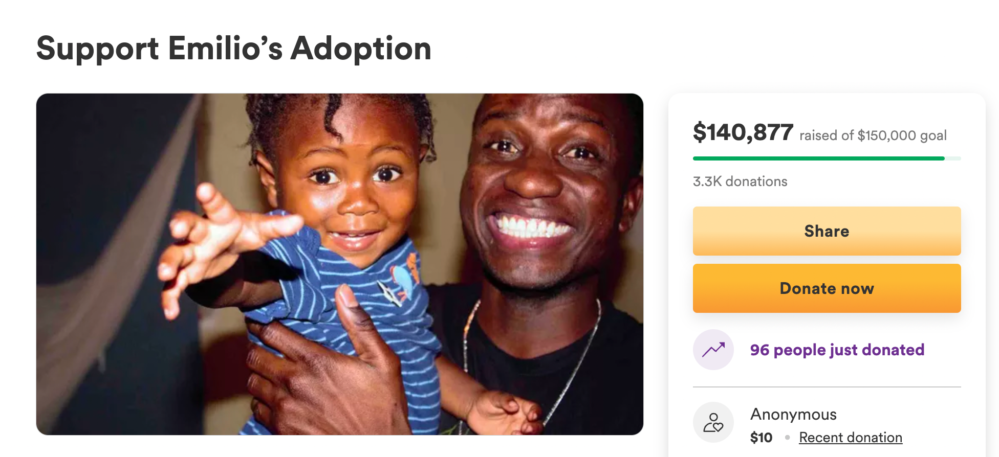 Thanks to the $140,000 raised, Mr Amisial said he will be able officially become Emilio’s father and bring him to the US.