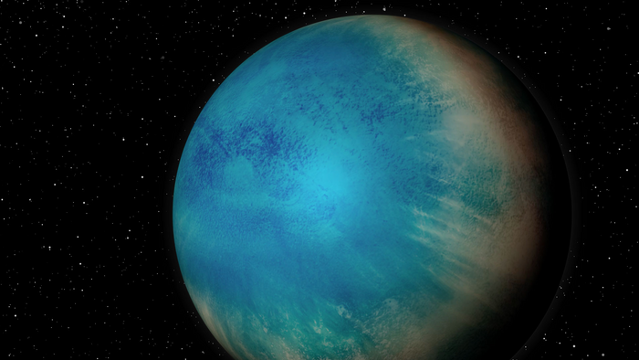 An artist’s illustration of the exoplanet TOI-1452 b, which may be a water world, covered entirely by a deep ocean