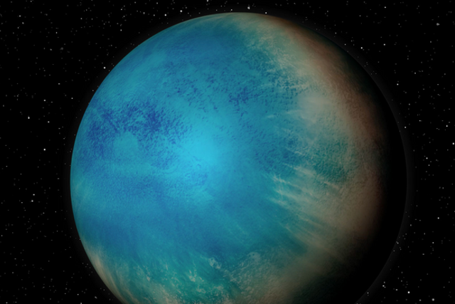 Ilustración de un artista del exoplaneta TOI-1452 b, que puede ser un mundo acuático, cubierto completamente por un océano profundo.