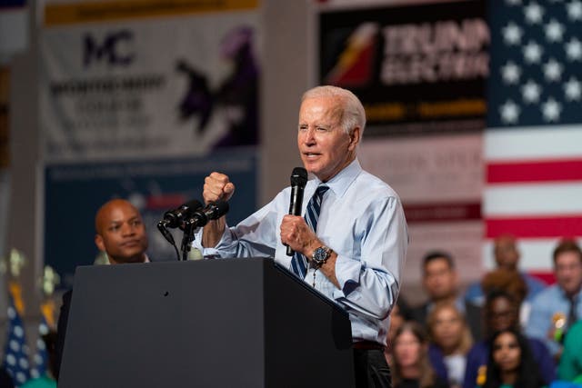 <p>Joe Biden speaks at a Democratic Party rally at Richard Montgomery High School in Rockville, Maryland</p>