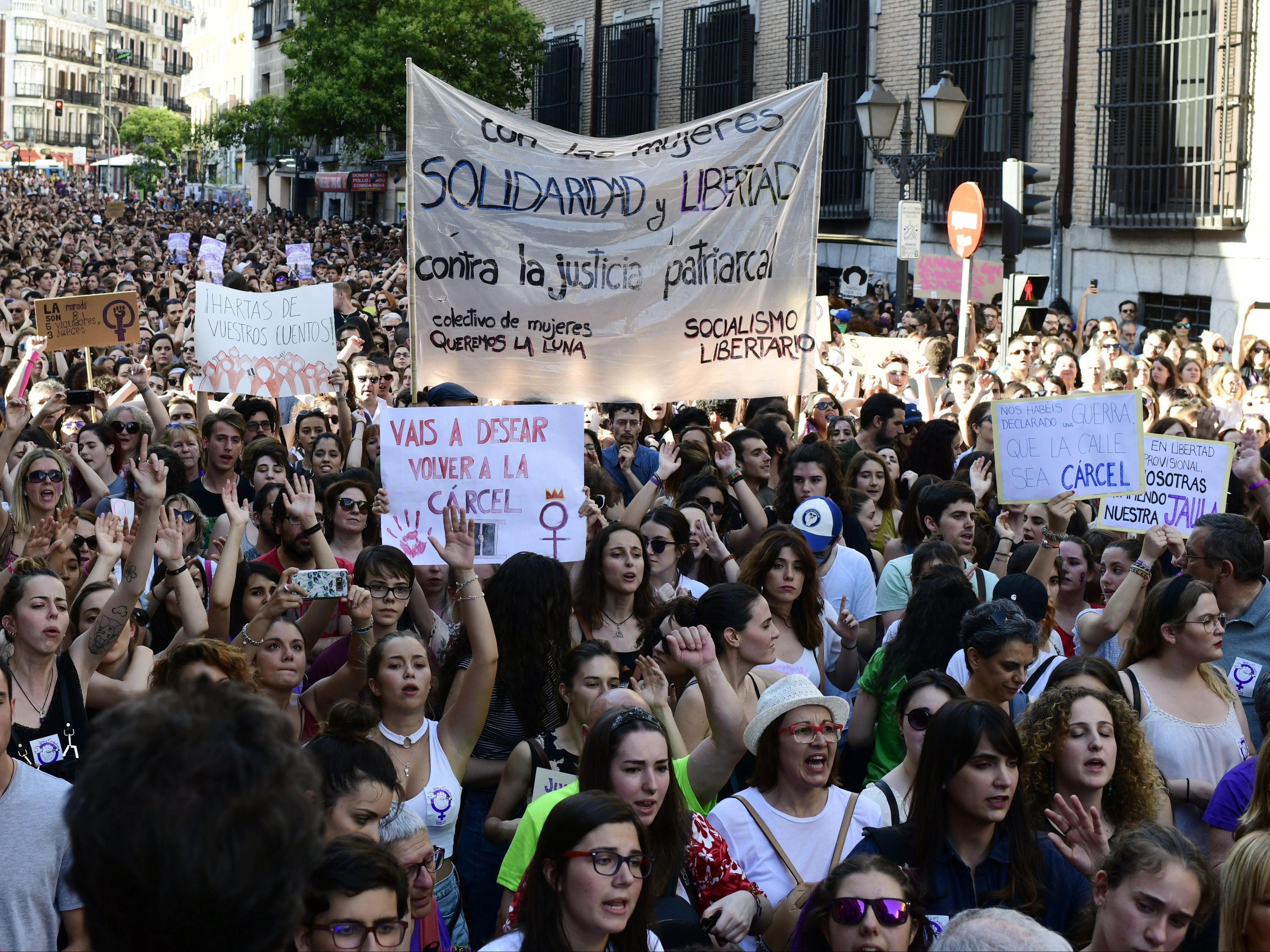 Protests in Madrid in June 2018 after five men sentenced to nine years in prison for gang rape were granted bail release