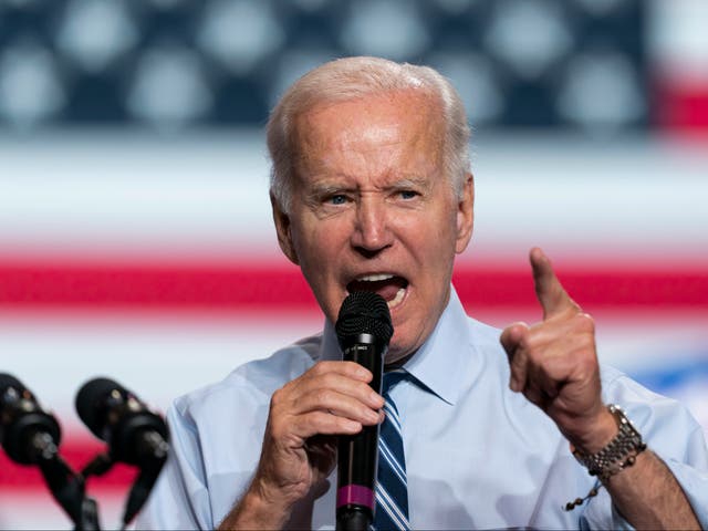 <p>US president Joe Biden speaks during a rally for the Democratic National Committee at Richard Montgomery High School in Rockville, Maryland, on 25 August 2022</p>