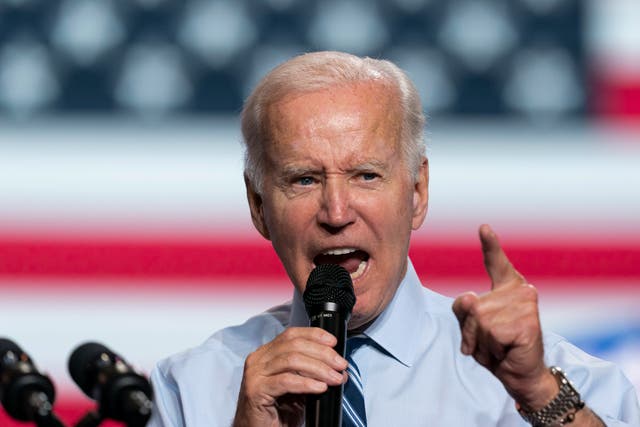 <p>US president Joe Biden speaks during a rally for the Democratic National Committee at Richard Montgomery High School in Rockville, Maryland, on 25 August 2022</p>