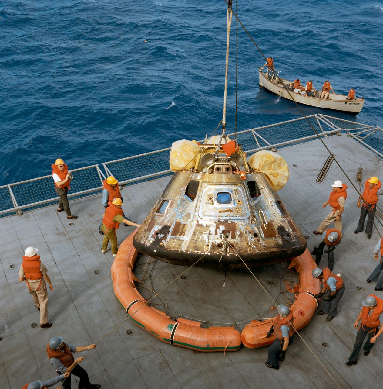The Apollo 11 spacecraft aboard the USS Hornet after returning from the Moon in 1969
