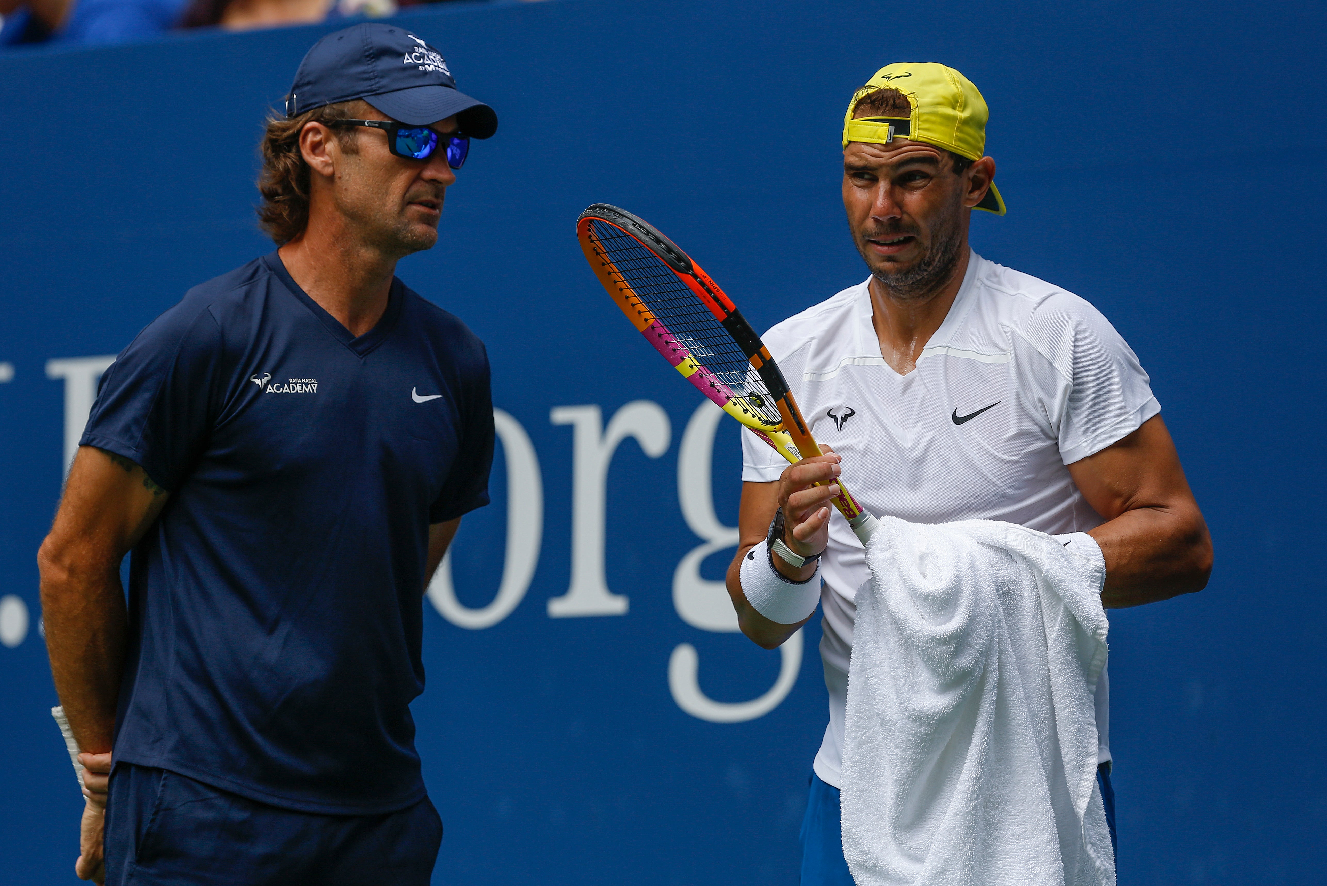 Rafael Nadal talks to coach Carlos Moya during a practice session at Flushing Meadows (Julie Jacobson/AP)