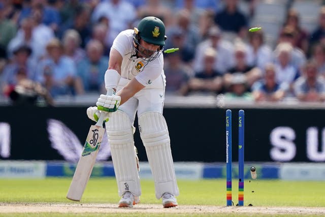 South Africa’s Dean Algar is bowled by England’s James Anderson (Mike Egerton/PA)