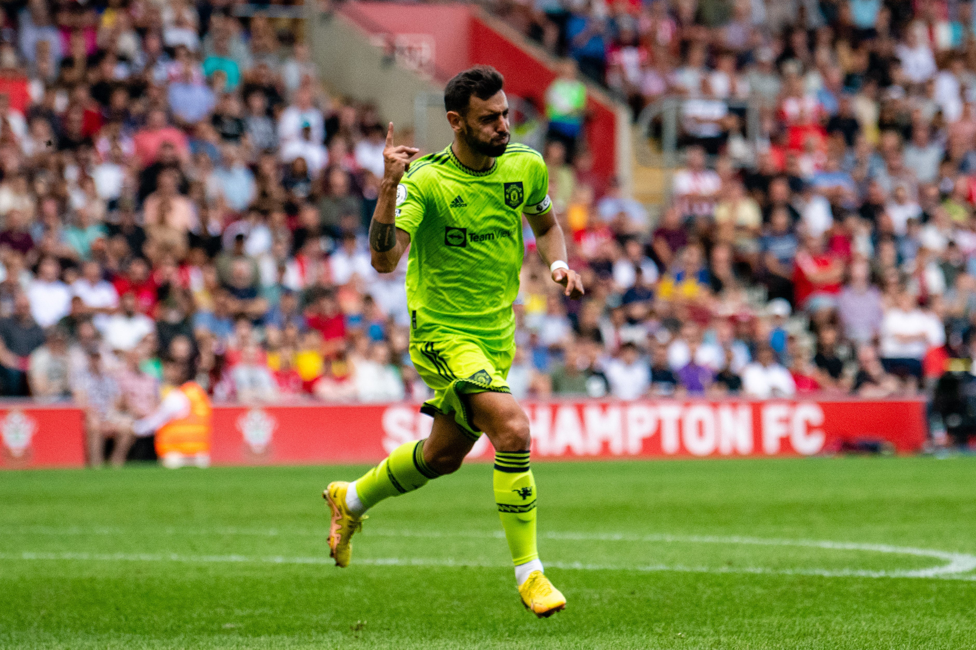 Green shoots: Bruno Fernandes celebrates after slotting home the only goal