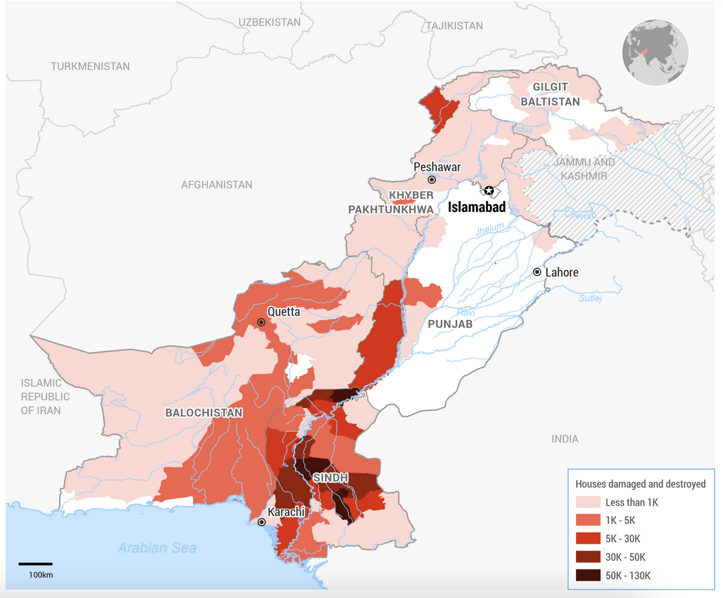 Infographic showing the worst-affected regions in Pakistan by number of houses destroyed