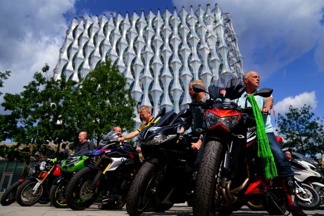 Bikers rev their motorbike engines outside the US embassy, in Nine Elms, London (Victoria Jones/PA)