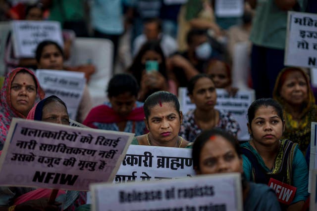 <p>Women participate in a protest against remission of sentence by the government to convicts of a gang rape of a Muslim woman Bilkis Bano during the 2002 Gujarat riots </p>
