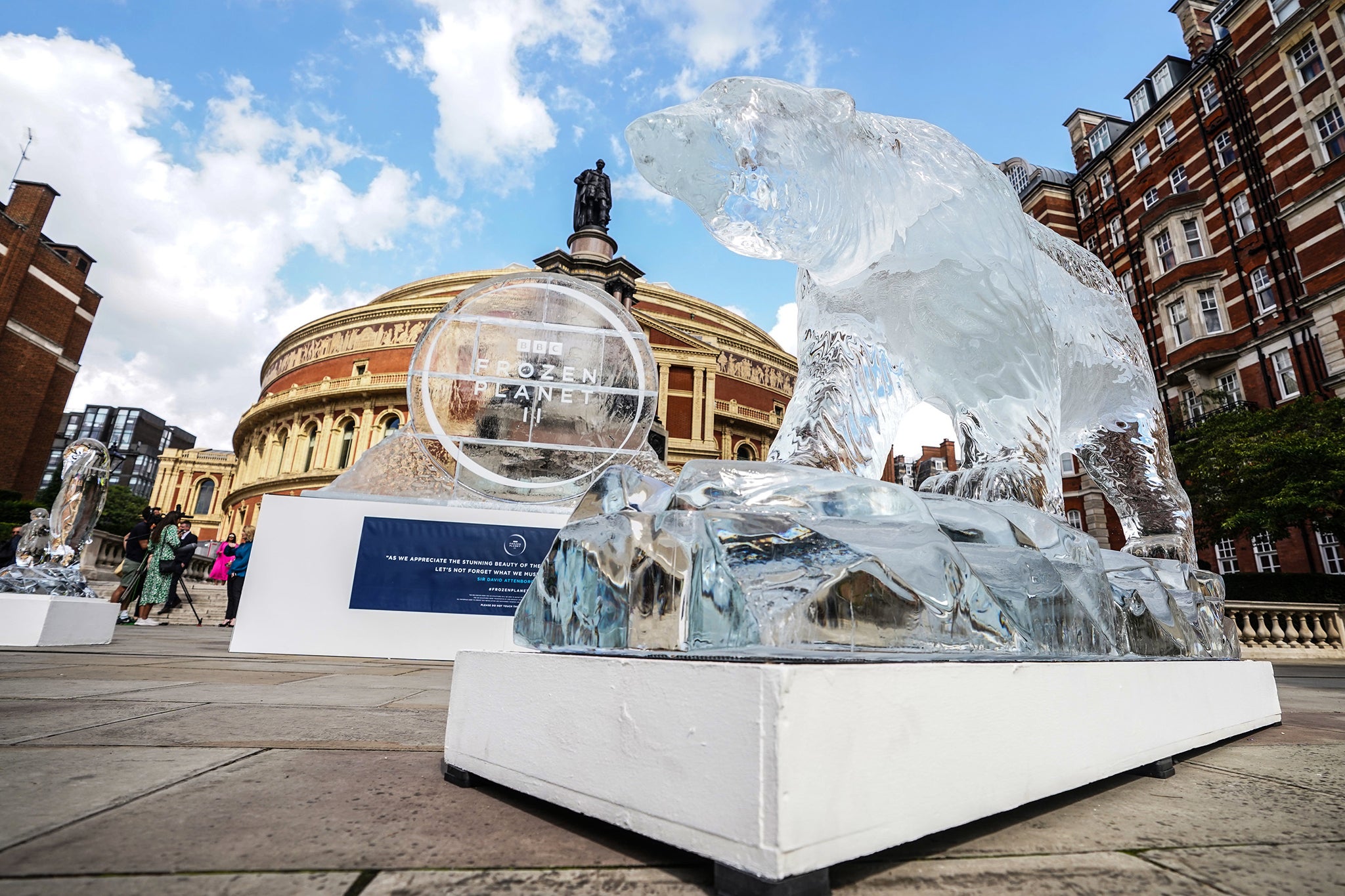 Ice sculptures of penguins and polar bears decorate the steps of the Royal Albert Hall as part of the launch of ‘Frozen Planet II’
