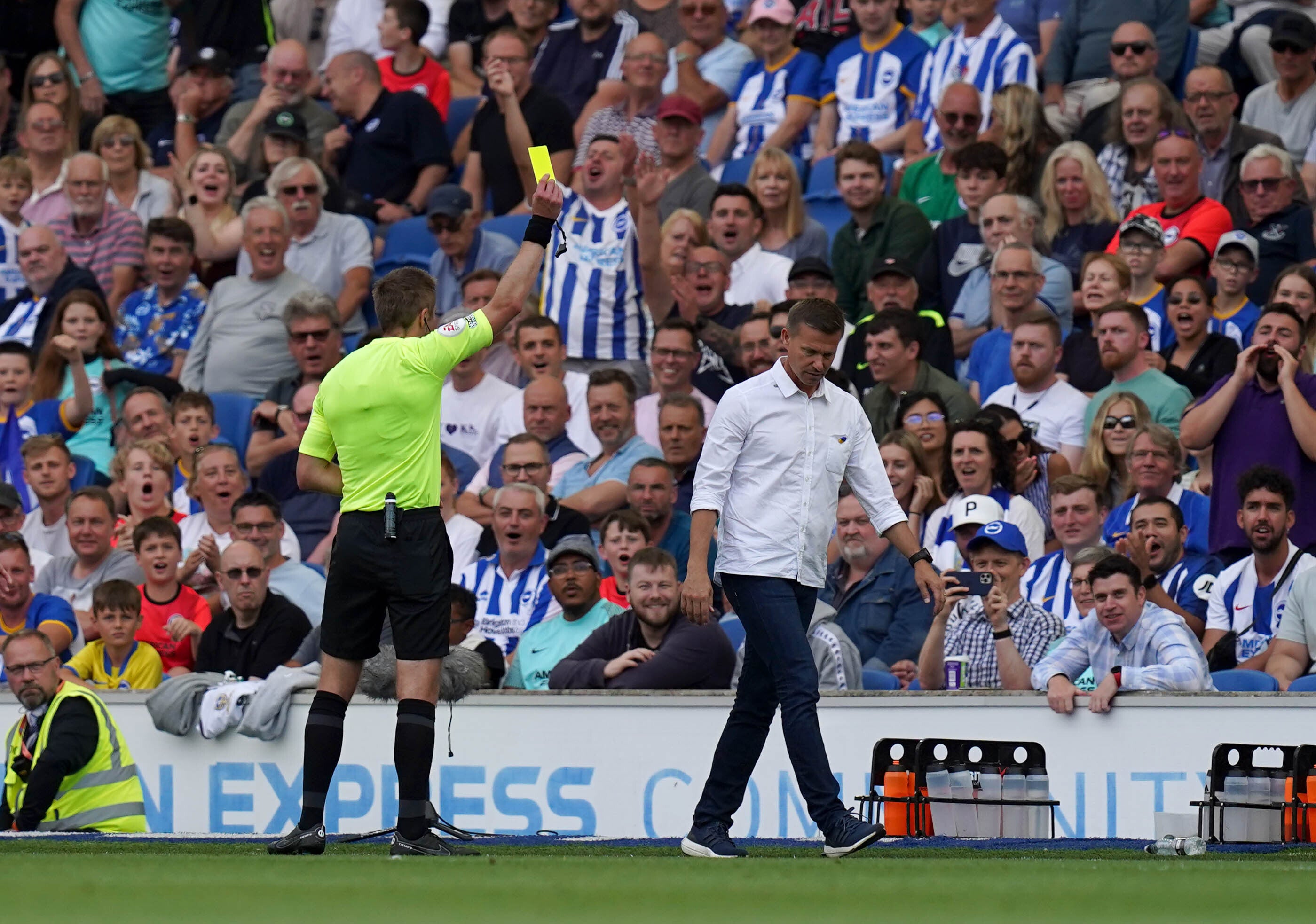 Leeds United manager Jesse Marsch was booked at Brighton (Gareth Fuller/PA)