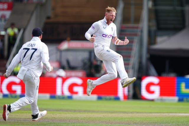 Ben Stokes celebrates taking the wicket of Rassie van der Dussen en route to an England win over South Africa by an innings and 85 runs at Old Trafford (Mike Egerton/PA Images).