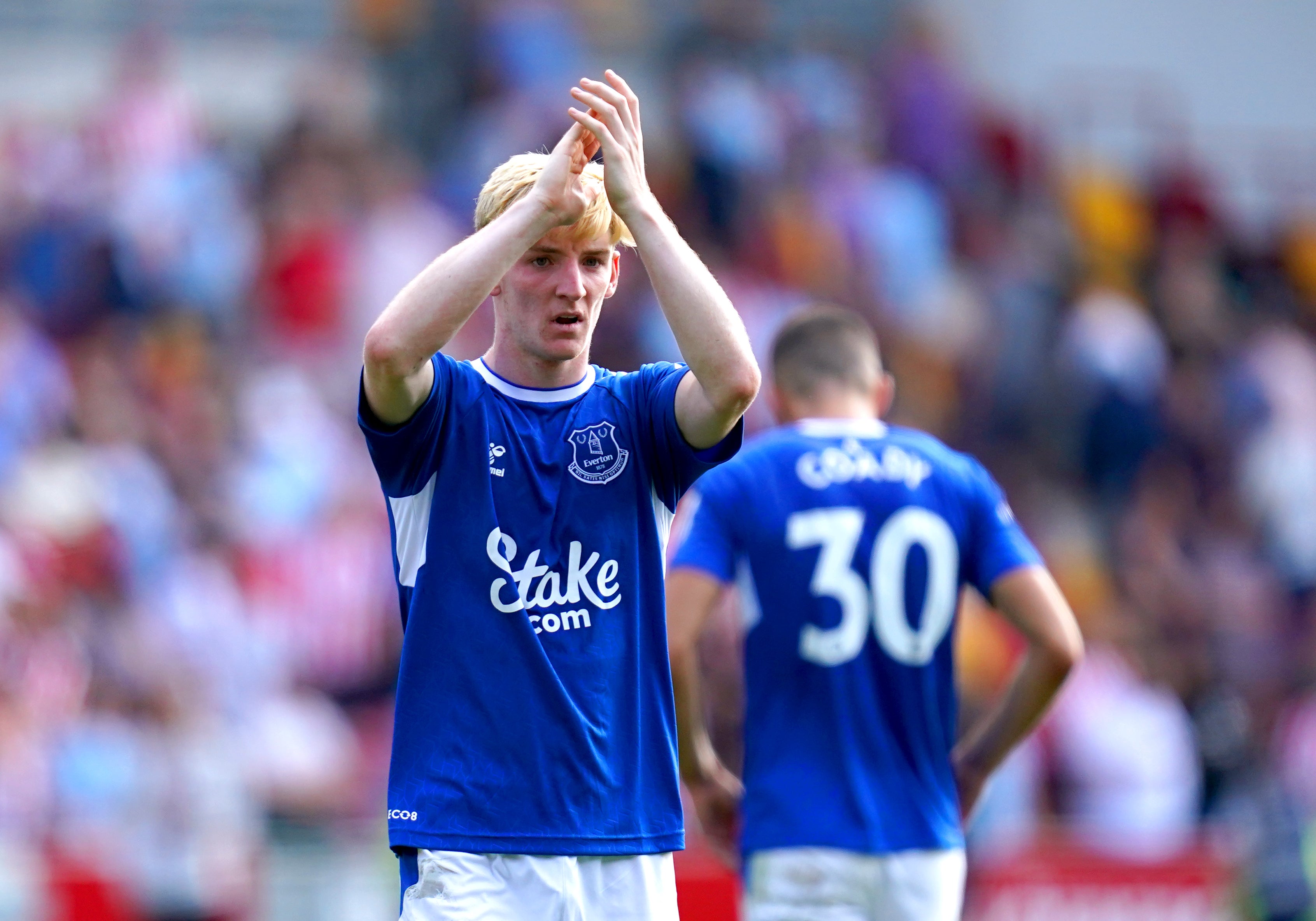 Everton’s Anthony Gordon applauds fans after his fine showing (John Walton/PA)
