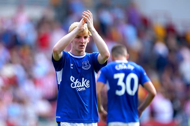 Everton’s Anthony Gordon applauds fans after his fine showing (John Walton/PA)