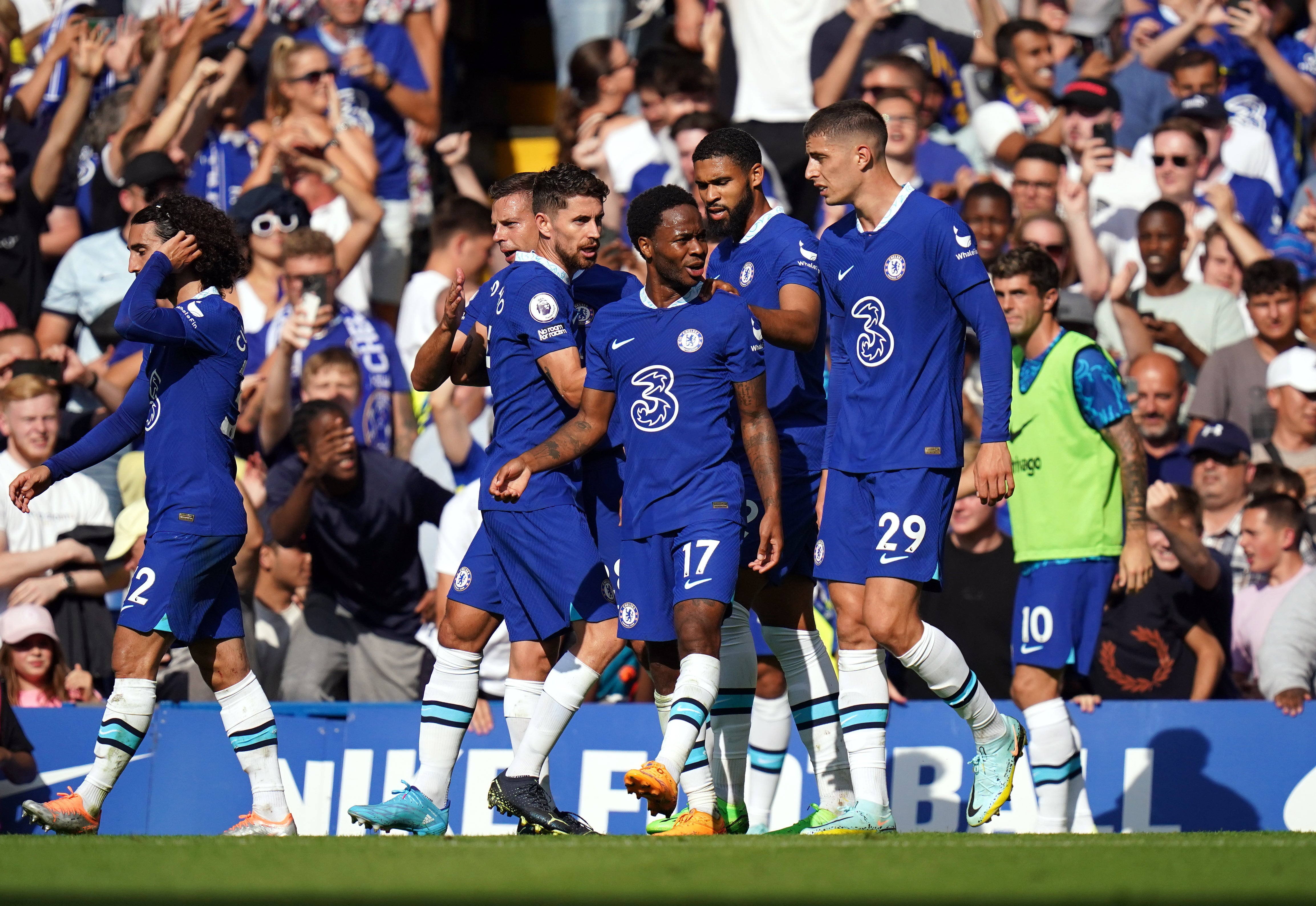 Raheem Sterling is congratulated after scoring Chelsea’s second goal against Leicester (Adam Davy/PA)