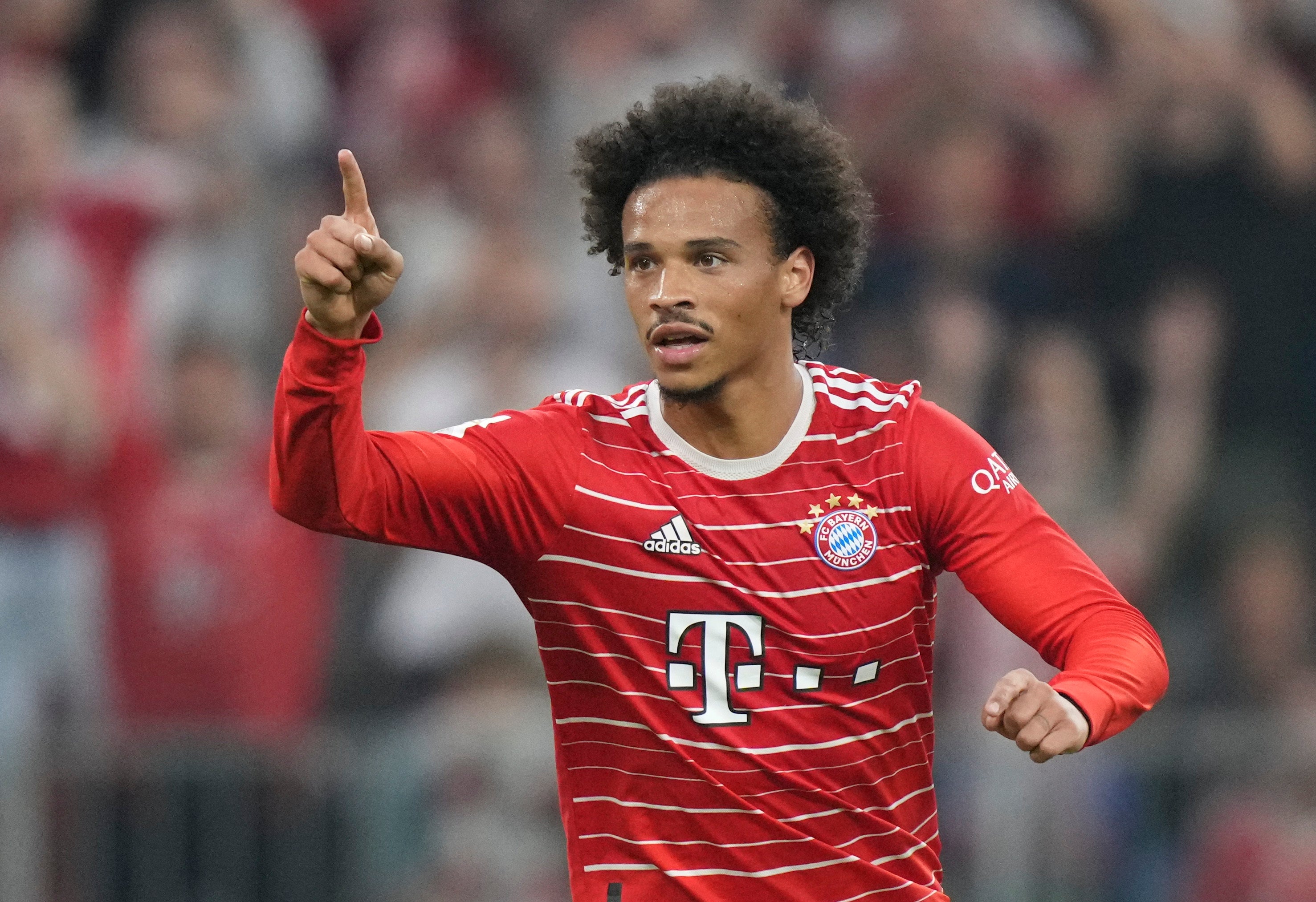 Bayern Munich’s Leroy Sane celebrates after equalising against Borussia Monchengladbach (Matthias Schrader/AP)