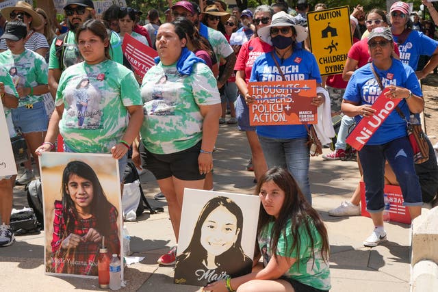 <p>Uvalde families and community members hold a protest in the Texas capital on Saturday</p>