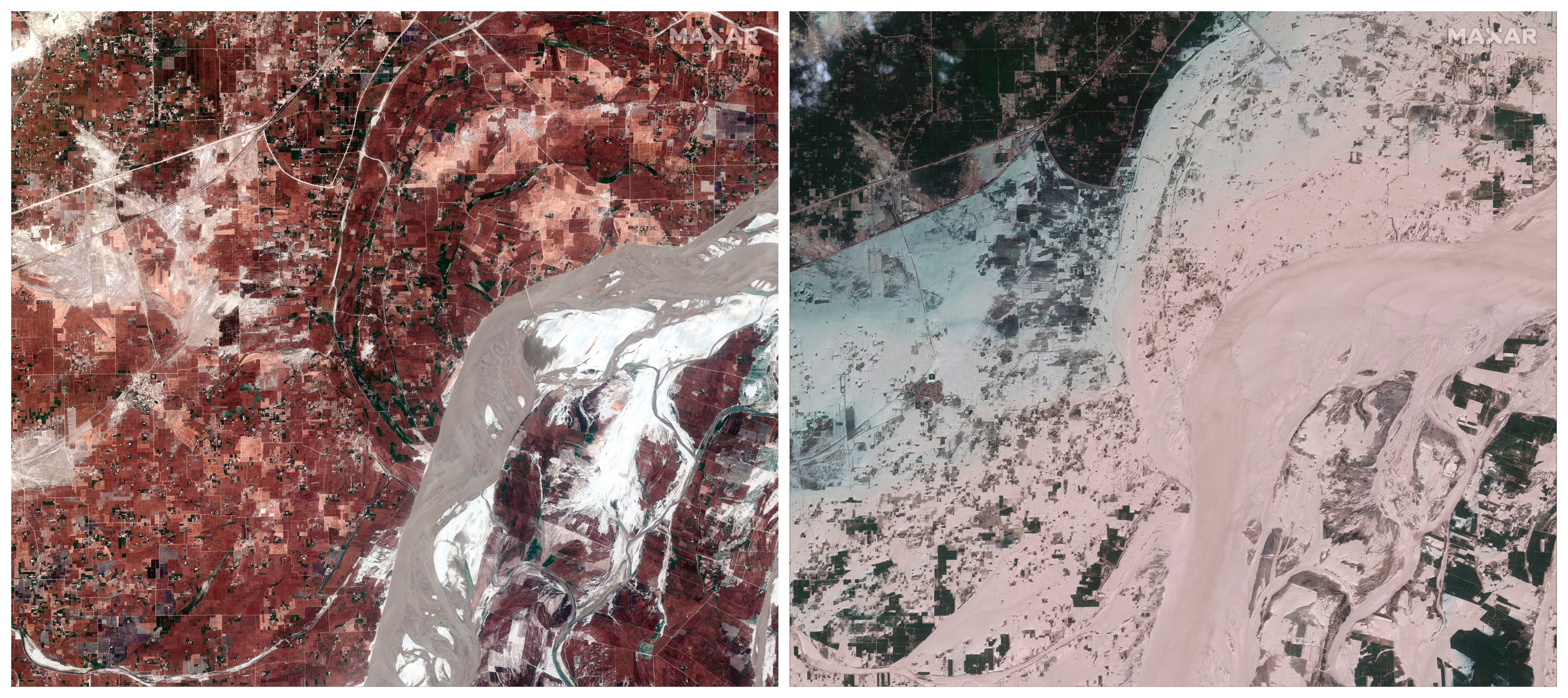 Satellite photos show the Indus River in the aftermath of flooding in Rajanpur, Pakistan this year