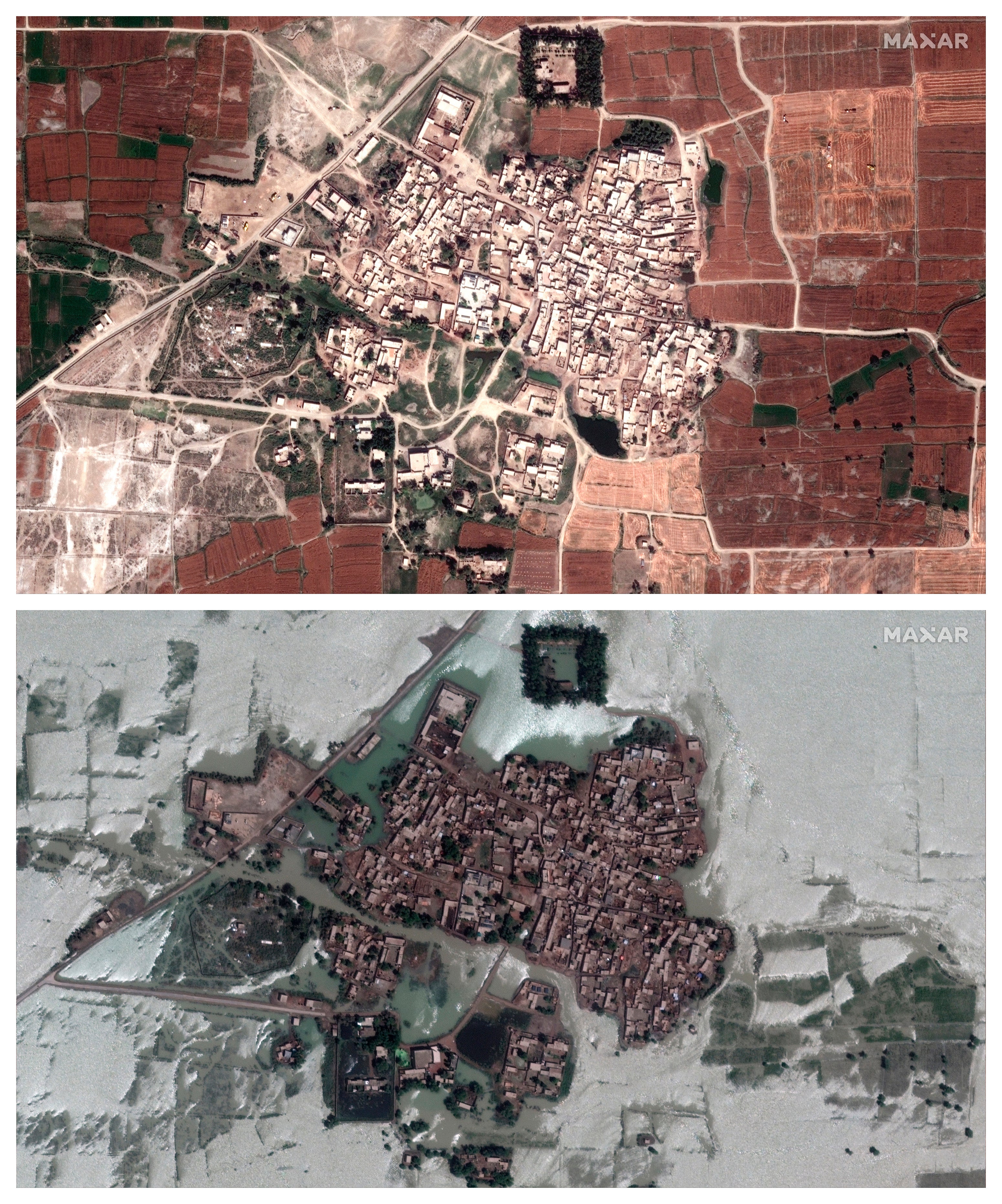 This combination of 24 March and 28 August 2022 photos provided by Maxar Technologies shows a village and fields in Rajanpur, Pakistan, in the aftermath of flooding