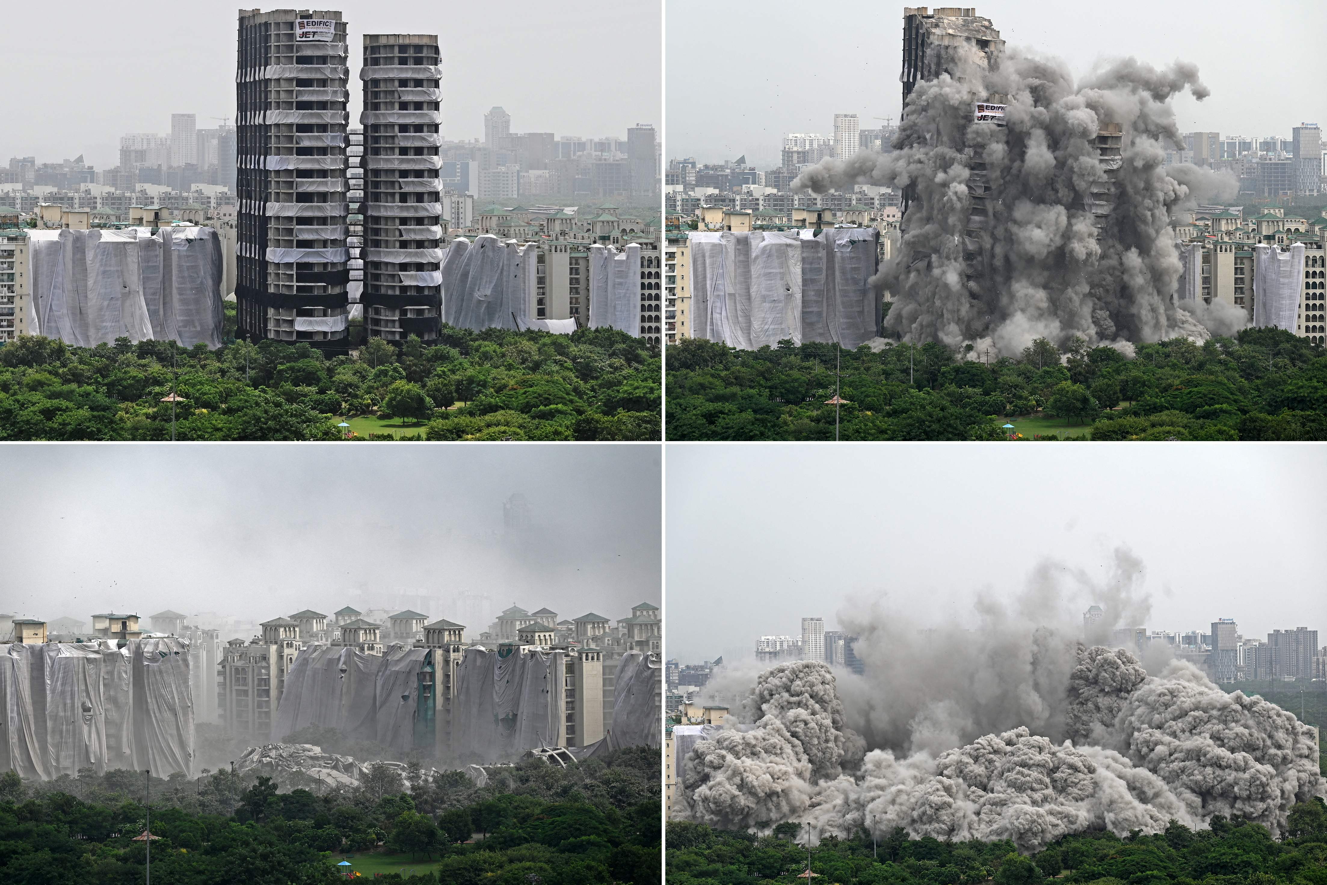Combination of pictures show a controlled implosion demolishing the 100-metre-high Supertech residential ‘twin towers’ in Noida