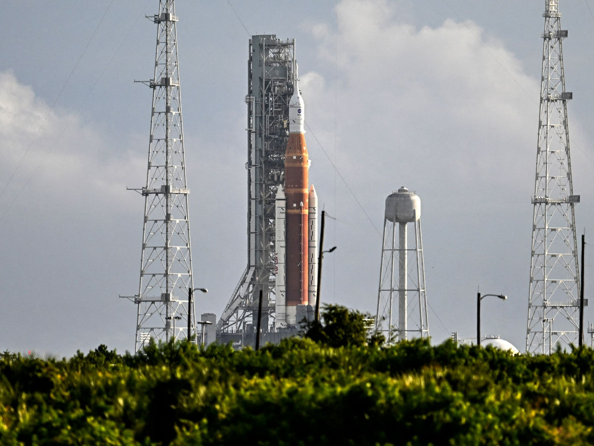 The Artemis I unmanned lunar rocket sits on the launchpad at the Kennedy Space Center in Cape Canaveral, Florida