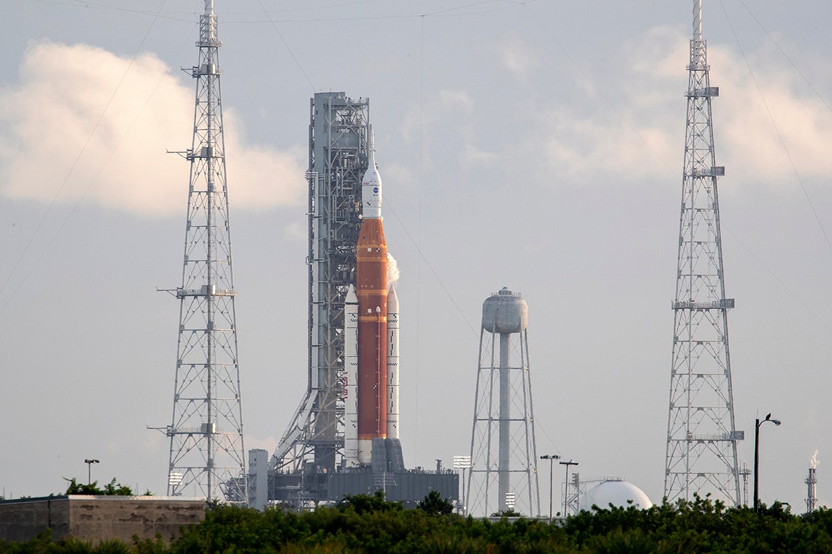 The countdown clock of the SLS rocket with an Orion capsule, part of the Artemis 1 mission, is on a hold at T-40 minutes at the at the pad 39B in the Kennedy Space Center in Merrit Island Florida, USA