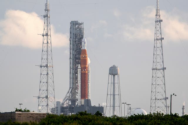 <p>The countdown clock of the SLS rocket with an Orion capsule, part of the Artemis 1 mission, is on a hold at T-40 minutes at the at the pad 39B in the Kennedy Space Center in Merrit Island Florida, USA</p>