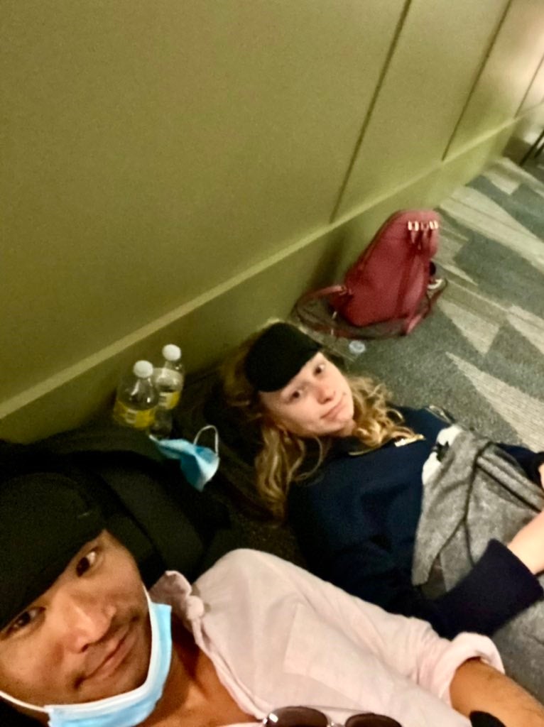 Jonathan Lo, musical director at Northern Ballet, was on the flight on his way home to the UK with his fiancee Laura Day, the 29-year-old principal character artist at the Birmingham Royal Ballet. The pair are seen waiting on the Bermuda airport floor