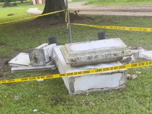 The remains of a Confederate monument in Randolph Park in Enfield, North Carolina. The monument was slated for removal by the town’s leadership but its mayor took matters into his own hands and had a bulldozer knock it down.