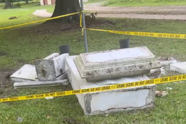<p>The remains of a Confederate monument in Randolph Park in Enfield, North Carolina. The monument was slated for removal by the town’s leadership but its mayor took matters into his own hands and had a bulldozer knock it down. </p>