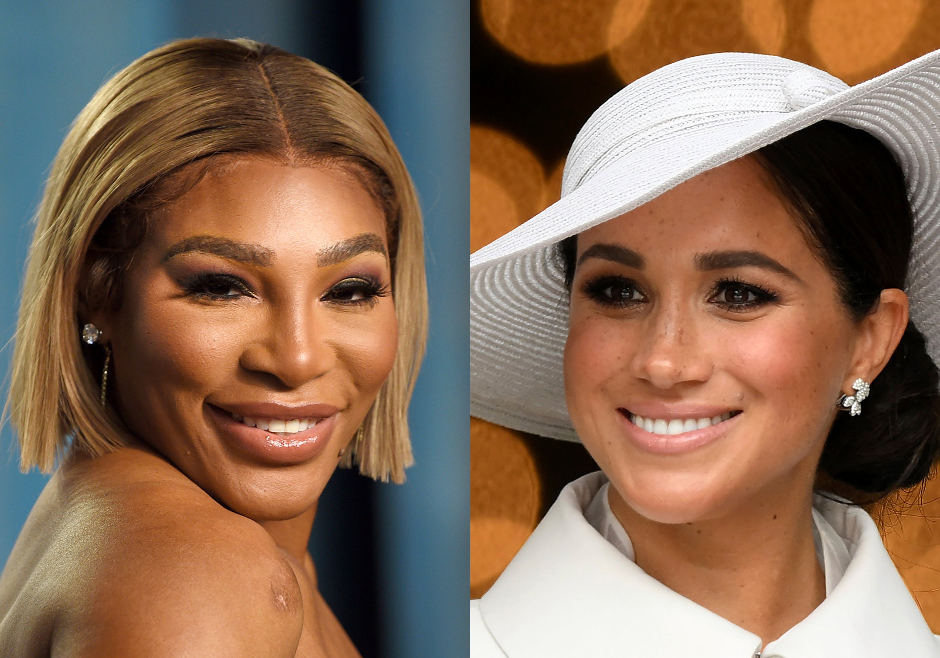 Serena Williams appears at the Vanity Fair Oscar Party in Beverly Hills, Calif., on March 27, 2022, left, and Meghan, Duchess of Sussex, appears at a service of thanksgiving for the reign of Queen Elizabeth II in London on June 3, 2022.