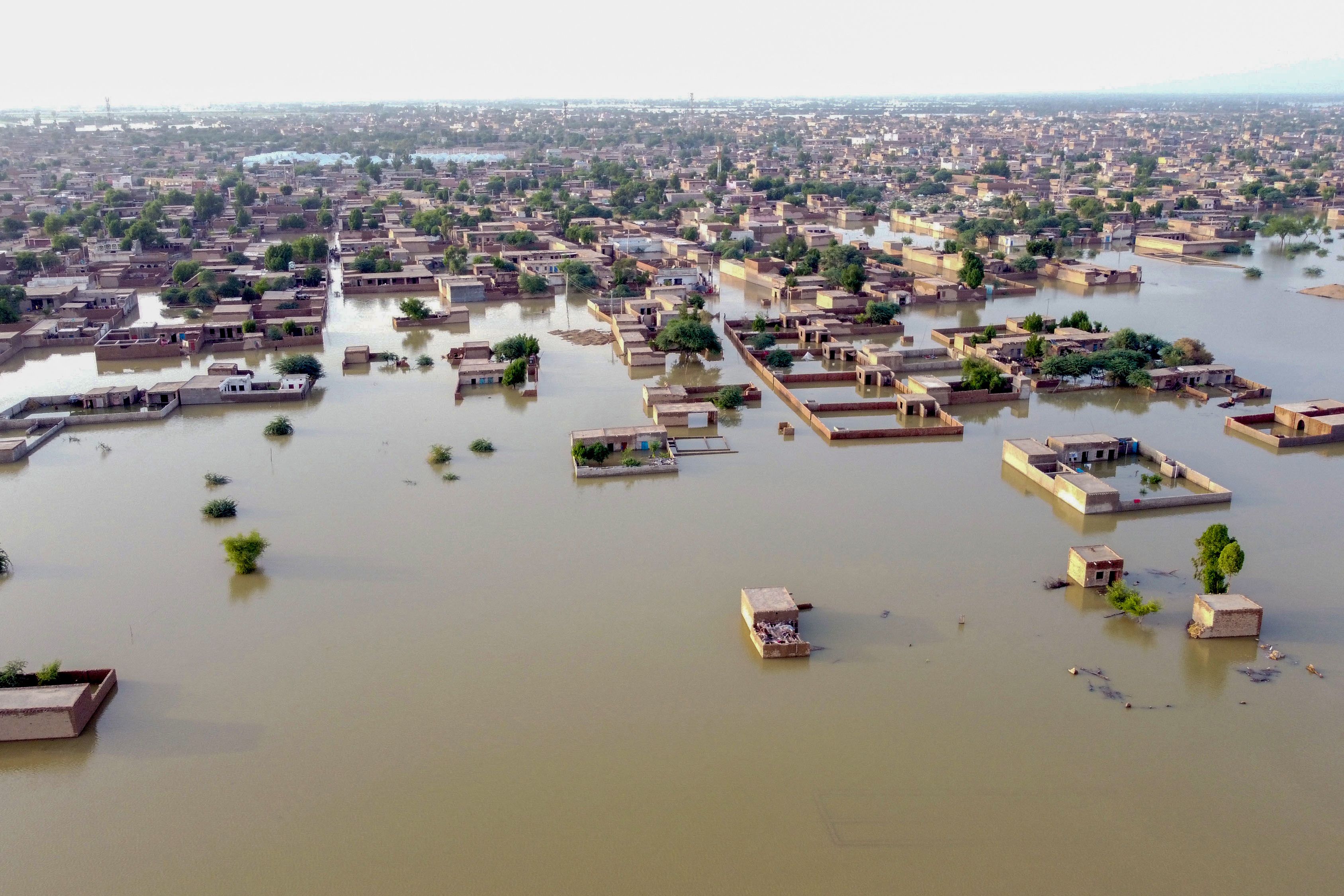 Aerial view shows a flooded residential area after heavy monsoon rains in Balochistan
