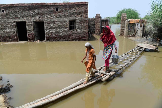<p>Two women cross a temporary bamboo path near their flooded house in Shikarpur of Sindh province on Monday</p>