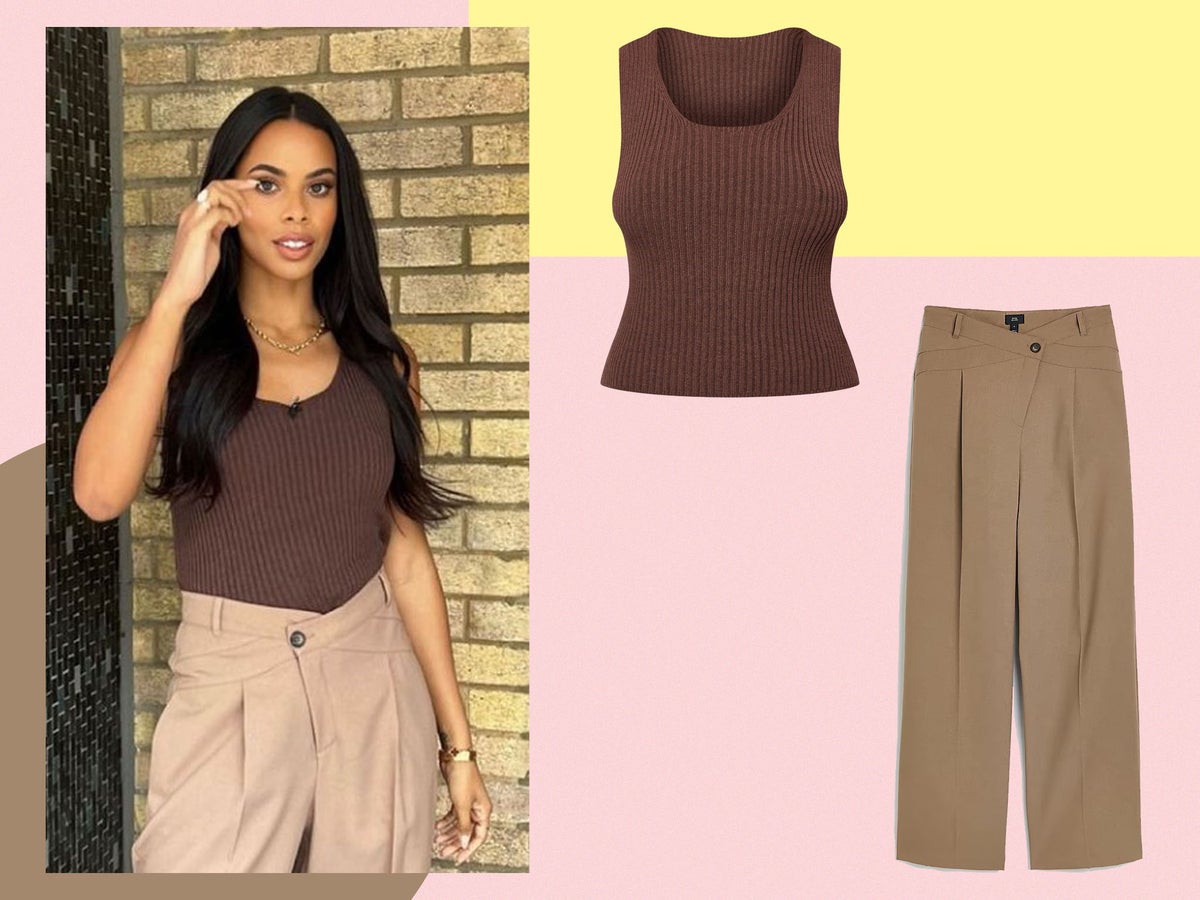 Rochelle Humes Beige Crossed Waistband Trousers This Morning