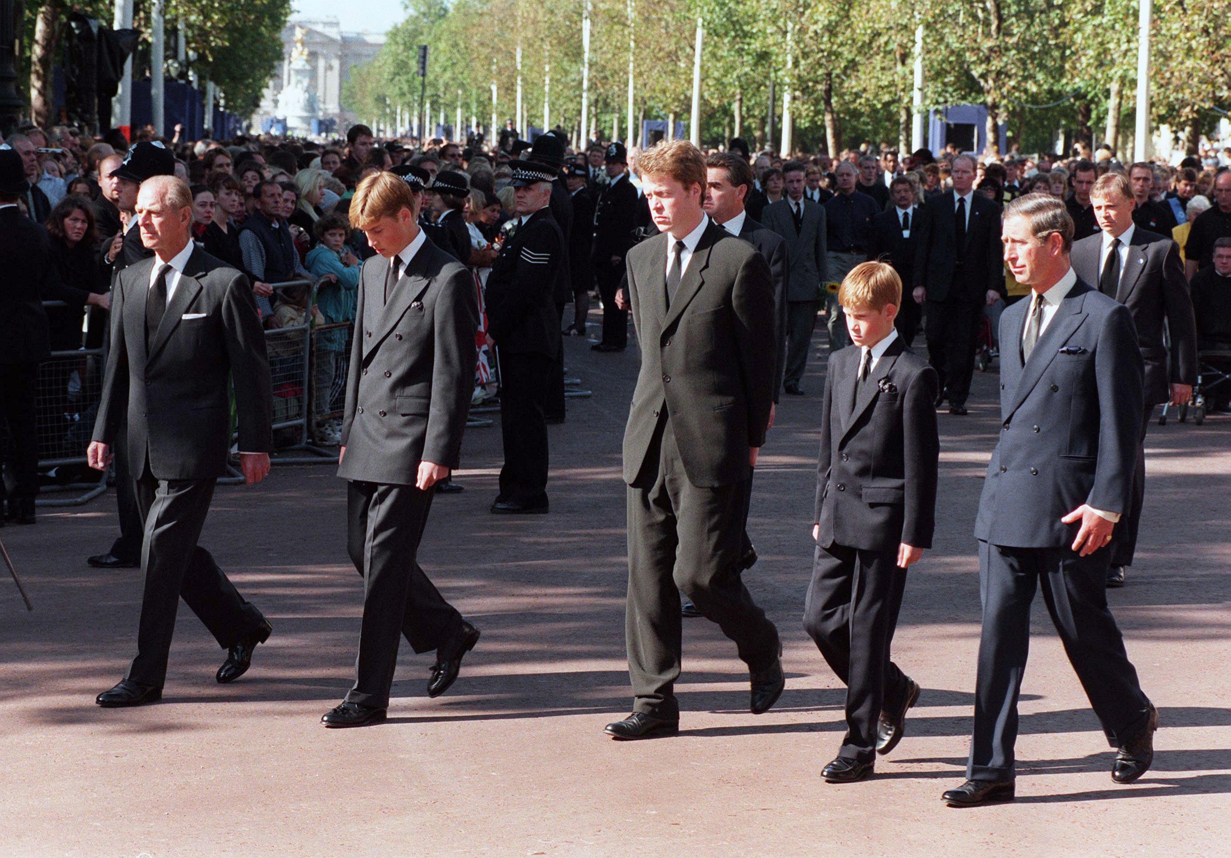 The Duke of Edinburgh, William, Earl Spencer, Harry and the Prince of Wales turn on to Horse Guards Parade as they follow behind the coffin of Diana, Princess of Wales (Tony Harris/PA)