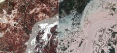 巴基斯坦洪水：卫星图像之前和之后显示的致命季风的破坏程度“height=