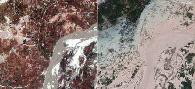 <p>This combination of handout satellite pictures shows an overview of the Indus River in Rajanpur, Pakistan, on March 24, 2022 (left) and on August 28</p>