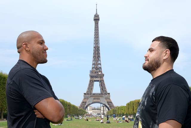 <p>French heavyweight Ciryl Gane (left) faces Australia’s Tai Tuivasa at UFC Paris</p>