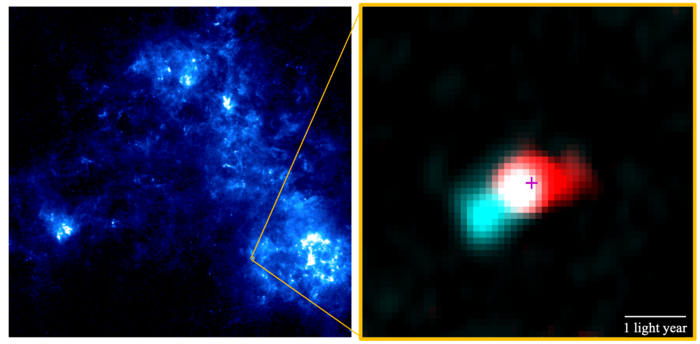 An infrared image of the Small Magellanic Cloud on the left and a radio telescope image of a young star in the cloud is seen on the right