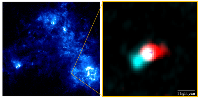<p>An infrared image of the Small Magellanic Cloud on the left and a radio telescope image of a young star in the cloud is seen on the right</p>