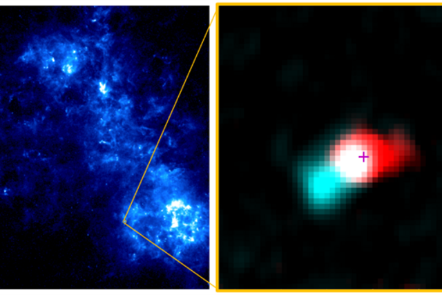 <p>An infrared image of the Small Magellanic Cloud on the left and a radio telescope image of a young star in the cloud is seen on the right</p>