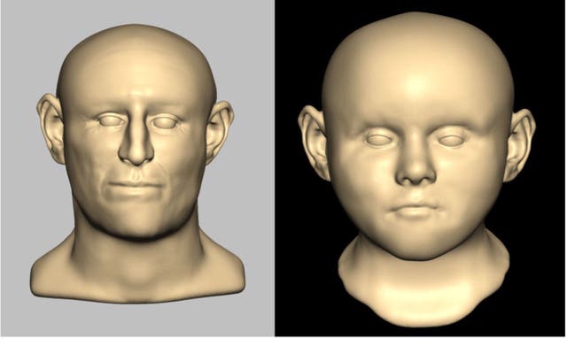 <p>A reconstructed face of a male adult (left) and a child (right) based on remains found in a medieval well in Norwich</p>