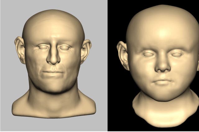 <p>A reconstructed face of a male adult (left) and a child (right) based on remains found in a medieval well in Norwich</p>