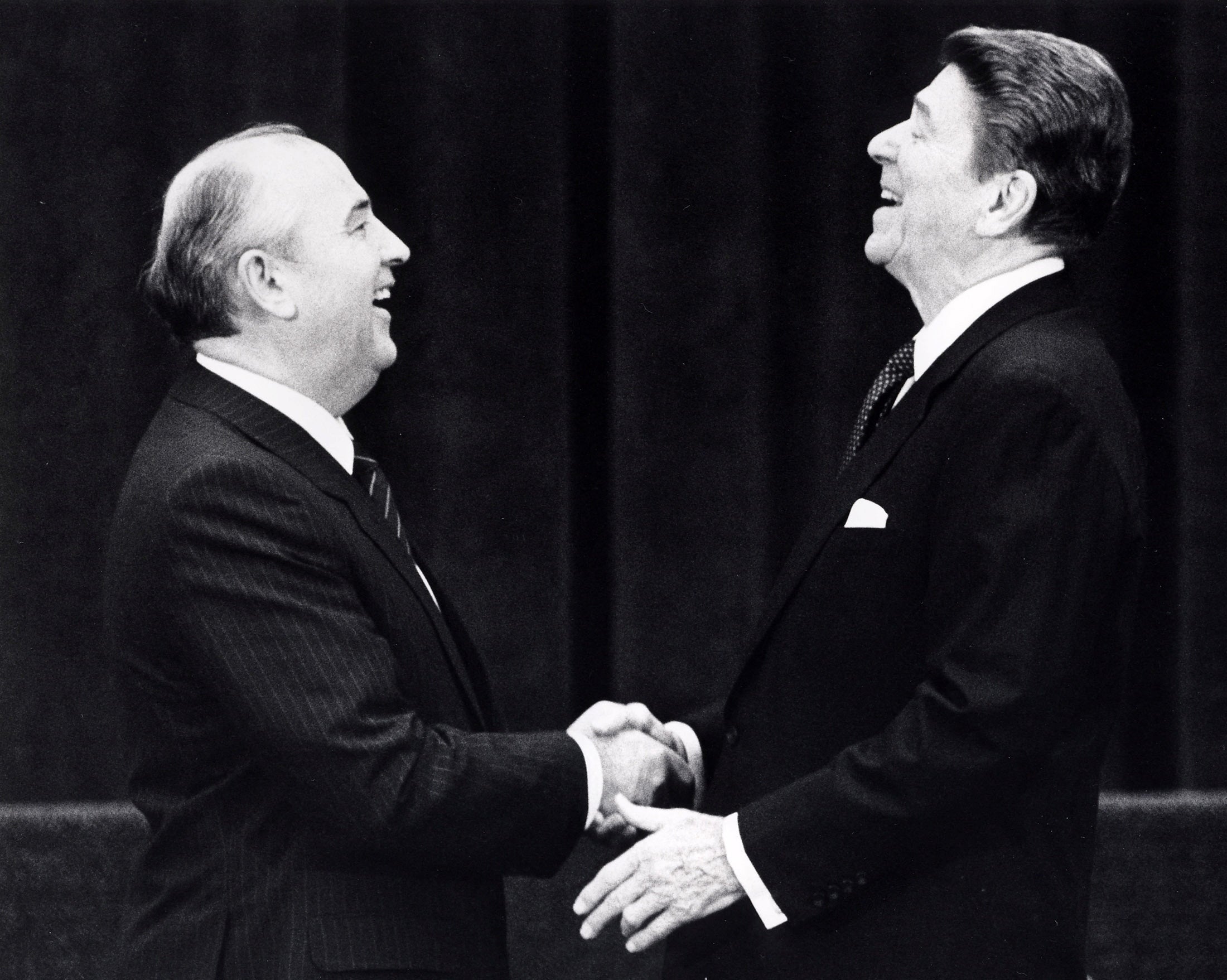 U.S. President Ronald Reagan at his first meeting with former Soviet leader Mikhail Gorbachev in Geneva, Switzerland