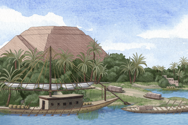 <p>Artist's reconstruction of the now defunct Khufu branch of the Nile River</p>