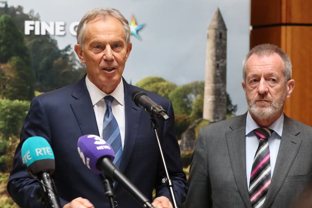 Tony Blair (left) and Fine Gael’s Sean Kelly at a Brexit meeting in Wicklow, Ireland (Niall Carson/PA)