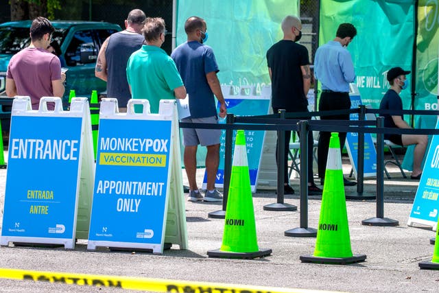 <p>People wait in line to get vaccinated against monkeypox, at a vaccination clinic in Tropical Park, Miami, Florida, USA, 12 August 2022</p>